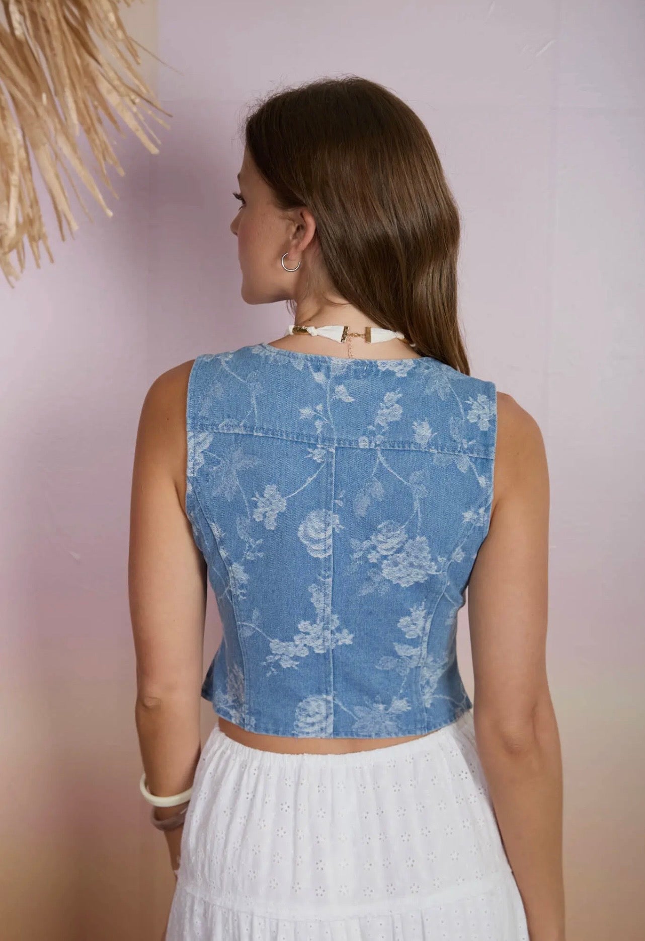 Floral denim vest